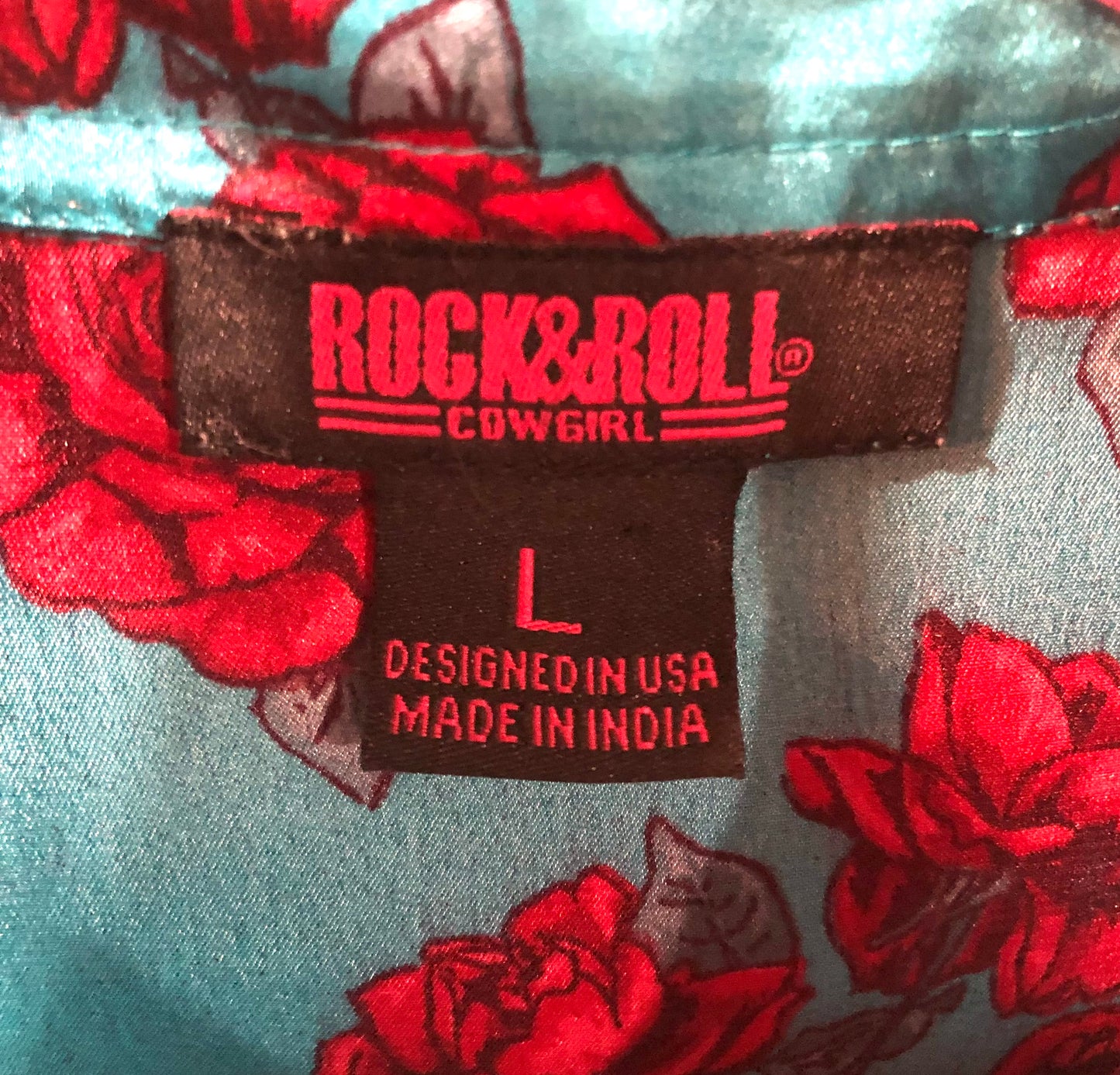 Turquoise and Red Rose Pearl Snap Shirt with Fringe