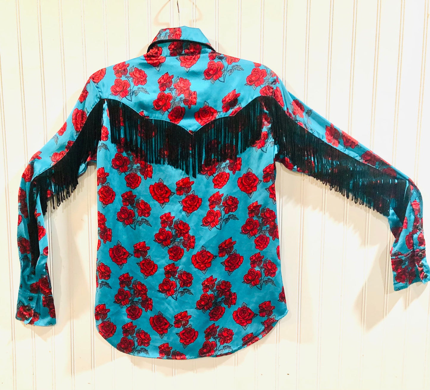 Turquoise and Red Rose Pearl Snap Shirt with Fringe