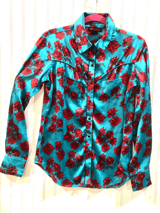 Turquoise and Red Rose Pearl Snap Shirt with Fringe