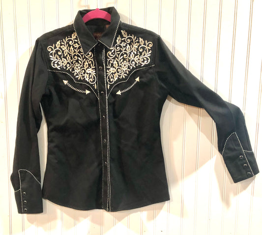 Black Pearl Snap Shirt with Gold Embroidery